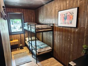 a bunk bed in a room with wooden walls at Eikerapen Panorama in Åseral +42 photos