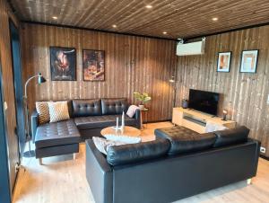 a living room with a leather couch and a television at Eikerapen Panorama in Åseral