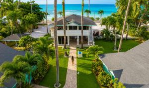 an aerial view of a house with palm trees and the beach at Villas Palmar Residence Beachfront Villas & Studios in Las Terrenas