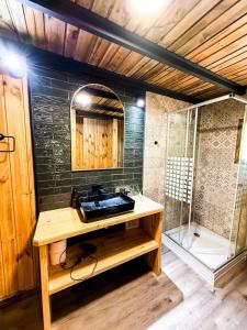 a bathroom with a sink and a shower at Cabañas Mountain Fox in Puerto Varas
