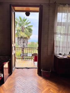 an open door to a room with a palm tree at Kolagis Marani in Kolagi