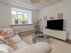 a living room with a couch and a tv at The Studio Cottage in Denbigh