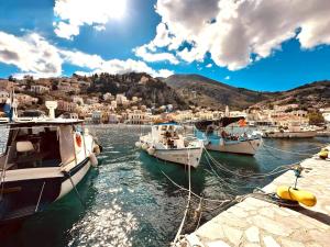 a group of boats docked in a harbor at Symi Aerides Suites in Symi