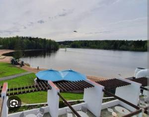 a view of a body of water with a blue umbrella at Hotel Lahnajärvi in Lahnajärvenkylä