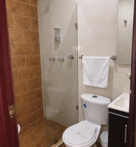 a bathroom with a shower with a toilet and a sink at Hotel Casa Lamay in Bogotá