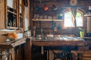 a kitchen with a sink and a wooden wall at Etno Kuca Bajka in Mataruška Banja