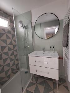 a bathroom with a sink and a shower and a mirror at Chemin du vieux Puits in Surgères +17 photos