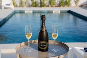 a bottle of champagne and two glasses on a table at Villa Meritus in Gramače