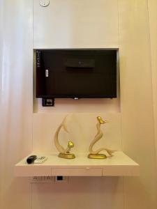 two birds sitting on a shelf under a tv at Skylines Zirakpur in Zirakpur