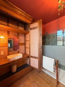 a bathroom with a sink and a shower at La Maison Colette - B&B in Issigeac +86 photos