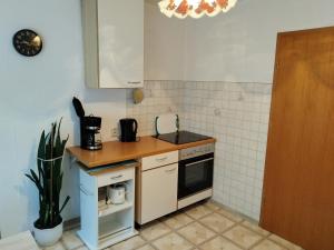a small kitchen with a stove and a sink at König in Korswandt