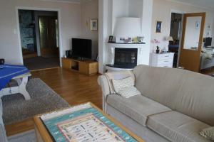 a living room with a couch and a fireplace at Engeset Villa in Volda