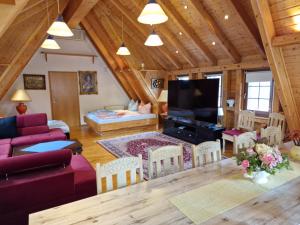 a living room with a couch and a tv at Ferienwohnung Seiffener Hof in Seiffen