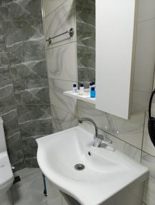 a bathroom with a white sink and a mirror at Çiçek Hotel in Ankara
