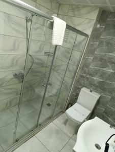 a bathroom with a shower and a toilet and a sink at Çiçek Hotel in Ankara