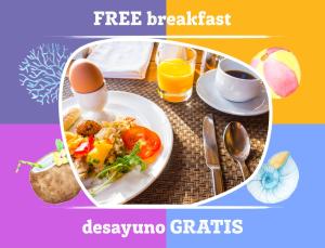 a breakfast with a plate of food and a cup of coffee at Tropical Adventure Studios Suites HOTEL Beach CLUB & SPA in Punta Cana +35 photos