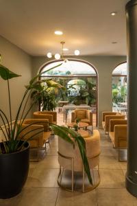 a waiting room with couches and tables and plants at Hotel Copahue in Junín