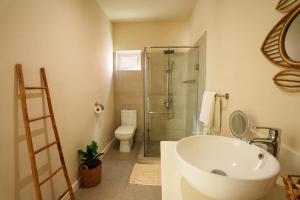 a bathroom with a shower and a sink and a toilet at ELOMY VILLA in Albion