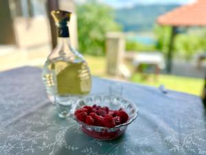 a bowl of raspberries next to a bottle of wine at Apartmani JELIČIĆ in Zaovine
