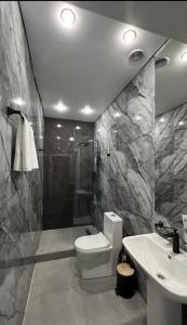 a bathroom with a toilet and a shower and a sink at Van park hotel in Shymkent