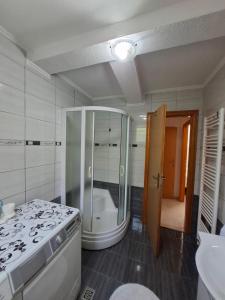a white kitchen with a shower and a stove at Apartman Mostar in Mostar