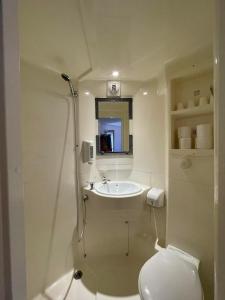 a white bathroom with a toilet and a sink at hôtel du grand sud in Ramonville-Saint-Agne