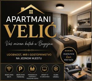 a poster for a apartment rental villa with a bed at Apartmani Velić in Bugojno +2 photos