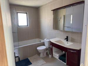 a bathroom with a sink and a toilet and a mirror at Normandy lodges in Le Dézert +13 photos