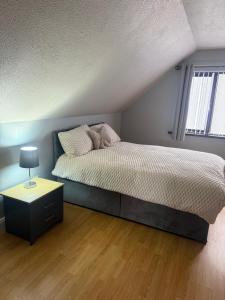 a bedroom with a bed with a nightstand and a window at Suzies Escape in Bovevagh