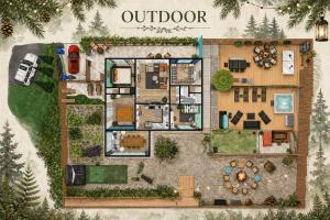 a floor plan of a house with a car at Skyview Grove Cabin in Camp Meeker +21 photos