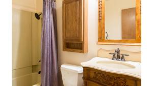 a bathroom with a sink and a toilet and a mirror at Twining 7 in Taos Ski Valley
