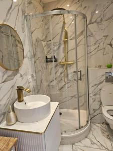 a bathroom with a shower and a sink and a toilet at Le coeur de Mers in Mers-les-Bains +19 photos