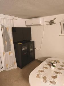 a room with a bed and a tv and a table at Apartman Asja in Utjeha