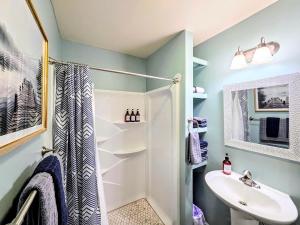 a bathroom with a shower and a sink at Edgewater Resort Cottage #1 in Hot Springs +49 photos