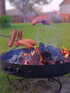 a grill with sausages and hot dogs on it at Agroturystyka Kryjówka Nad Stawem in Kodeń