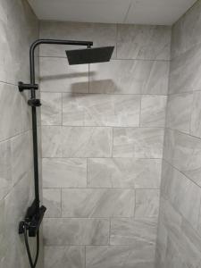 a shower with a shower head in a bathroom at Pärnade Apartment in Paikuse