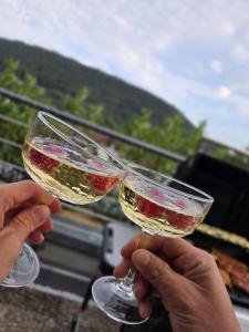 two people holding up glasses of white wine at Calm Sun Apartment in Alpirsbach