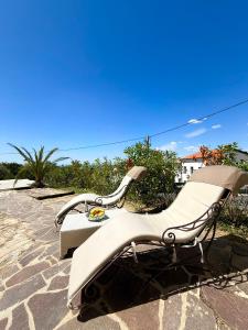 a chair sitting on a patio with the ocean in the background at Apartma Olive & Spice in Koper