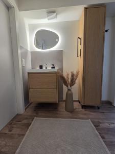 a bathroom with a sink and a vanity with a mirror at Calm Sun Apartment in Alpirsbach