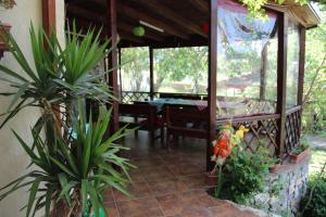 a screened in porch with a table and plants at Vila VERA in Mahmudia