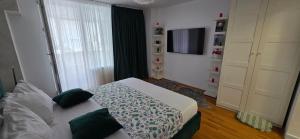 a bedroom with a bed and a tv and a window at Apartament Victoriei - Centru in Bucharest