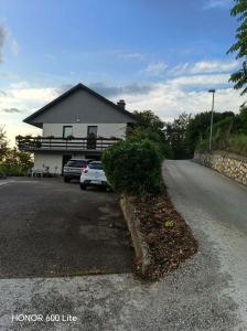 a house with cars parked in front of a road at Apartma TI & JAZ in Vrh