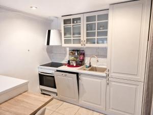 a small kitchen with white cabinets and a sink at Grandma's Corner in Štore