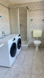 a washing machine in a bathroom with a toilet at Worker's Dream Apartment in Kirchenlamitz