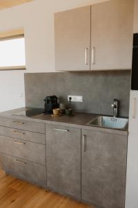 a kitchen with stainless steel cabinets and a sink at Natururlaub by Klotz TINY HAUS c in Überlingen +13 photos