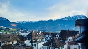 a view of a town with mountains in the background at Mountainview Apartment - Central - Family - Hiking - Lake and Mountains in Schwyz +38 photos