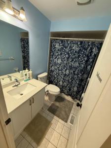 a bathroom with a sink and a toilet with a shower curtain at one bedroom in Brampton in Brampton