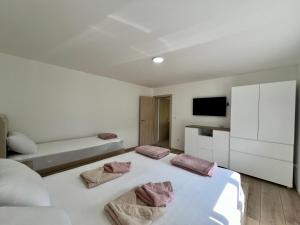 a white bedroom with two beds and a flat screen tv at Apartmani Milojević in Boljevac