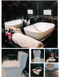 a collage of pictures of a bathroom with a tub and sink at Hostel Arabbian nights in Khajurāho