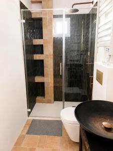 a bathroom with a shower with a toilet and a sink at Gato street, Private rooms in Madrid +5 photos